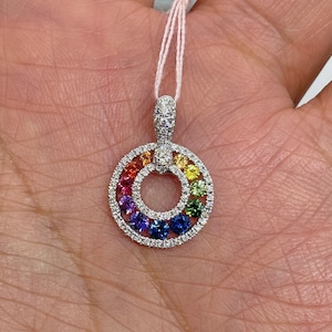 Rainbow Sapphire Necklace, Genuine Multi Color Sapphire and Diamond Pendant, 18K White Gold Circle Rainbow Pendant