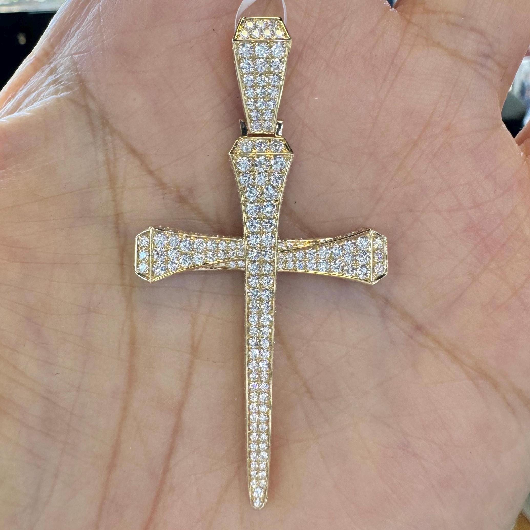 Men Cross Necklace, 18K Yellow Gold Diamond Cross Pendant