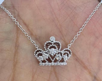 18K White Gold Diamond Crown Pendant Necklace, 0.22 Carats - Etsy