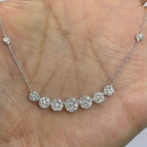 Diamond Necklace, Diamond Choker, 7 Halo Round Diamond Necklace With Cable Link adjustable chain, Diamond Necklace Choker Yellow Gold 18K image 4