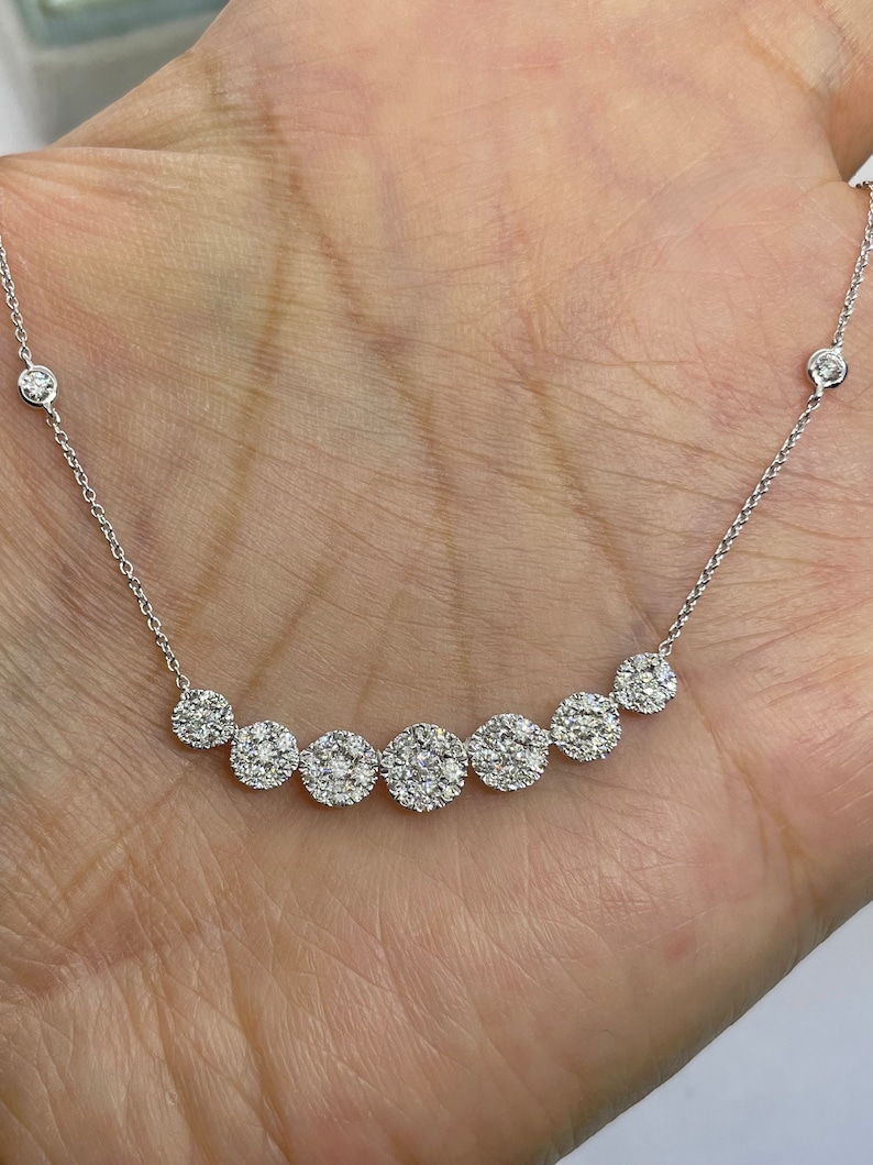 Diamond Necklace, Diamond Choker, 7 Halo Round Diamond Necklace With Cable Link adjustable chain, Diamond Necklace Choker Yellow Gold 18K image 4