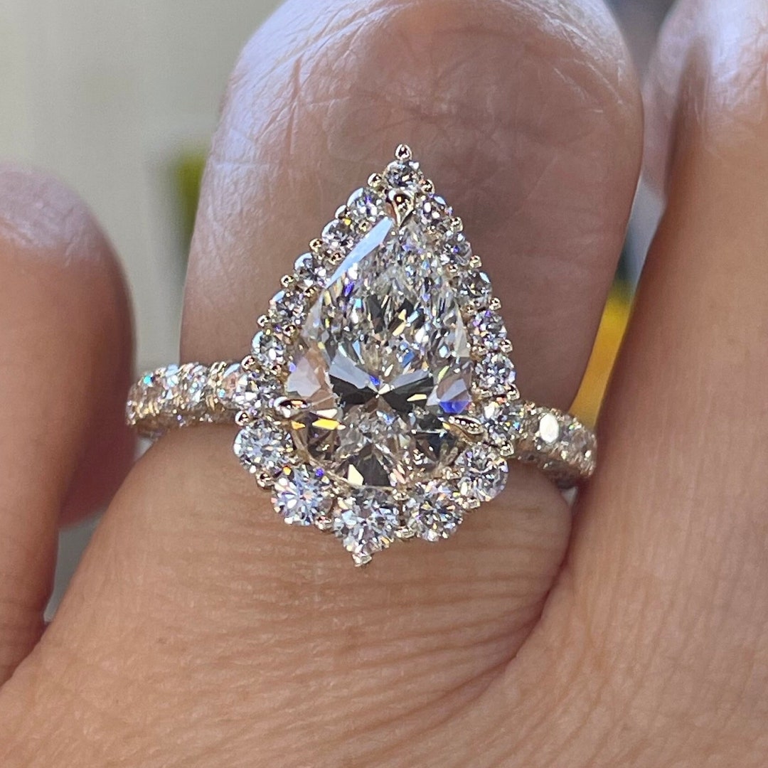 1.75 Carat Green Tourmaline Engagement Ring, Pear Shaped Diamond Engagement  Ring 14K White Gold Certified Handmade