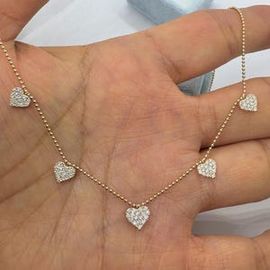 Diamond Heart Necklace, 5 Hearts Necklace, 14K Yellow Gold Pave Diamond Heart Necklace, Heart Necklace Bead Chain