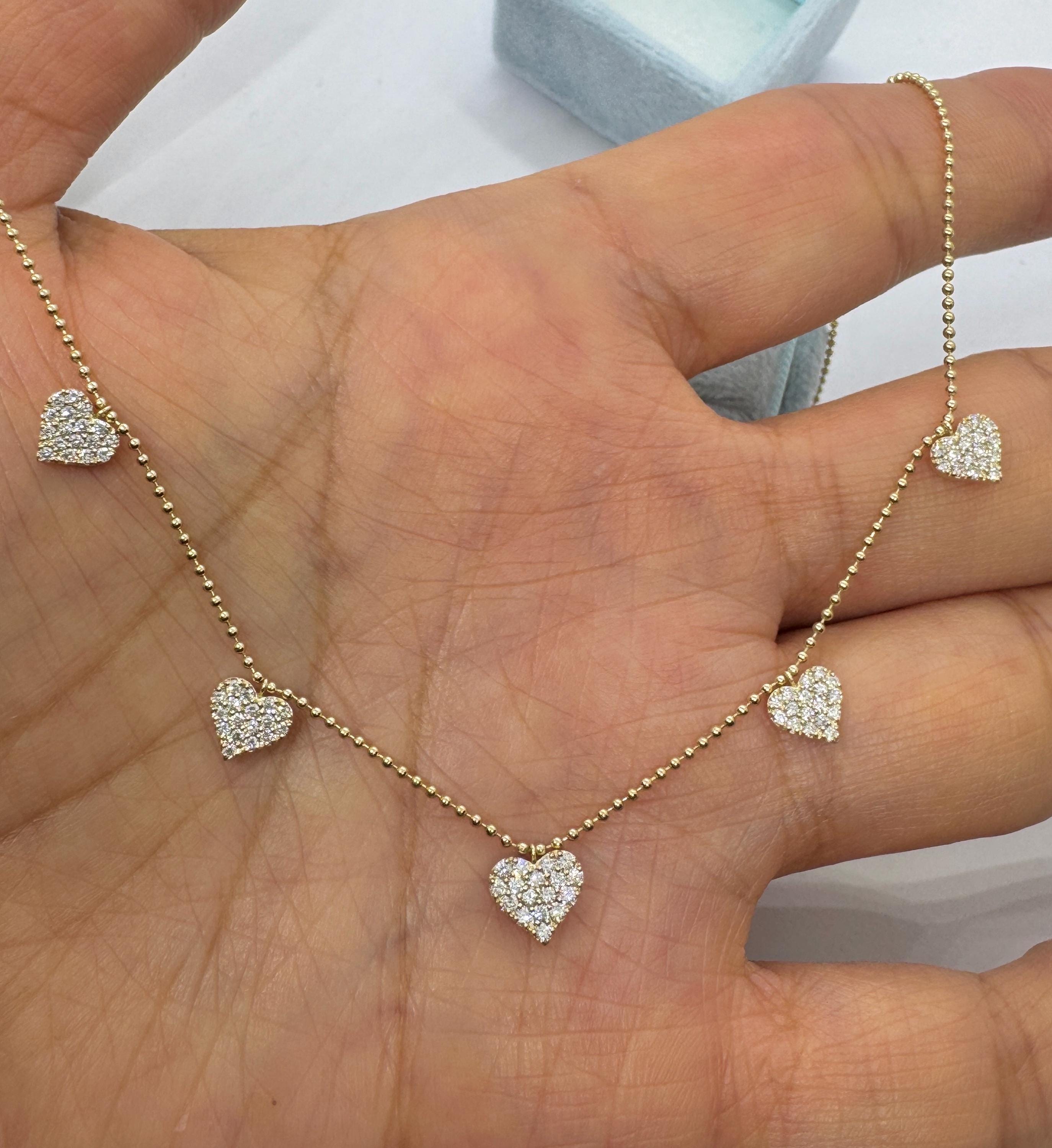 ダイヤモンドハートネックレス、5つのハートネックレス、14Kイエロー 