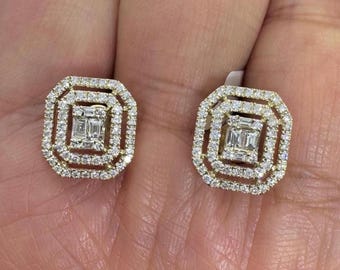 Emerald Cut Diamond Halo Stud Earrings, 14K Yellow Gold Natural Diamond Earrings