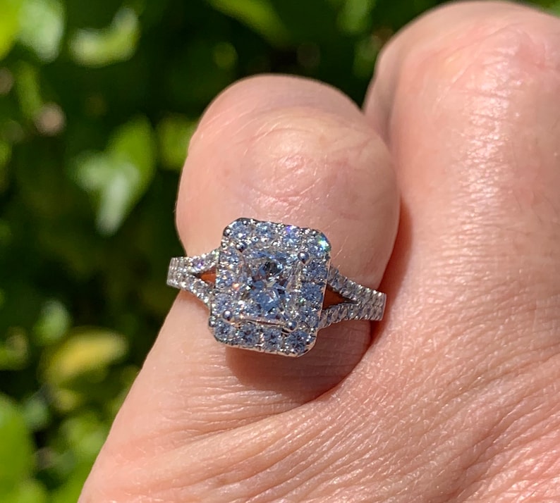 Radiant Cut Halo Diamond Engagement Ring, 18k White Gold Split Shank - Etsy
