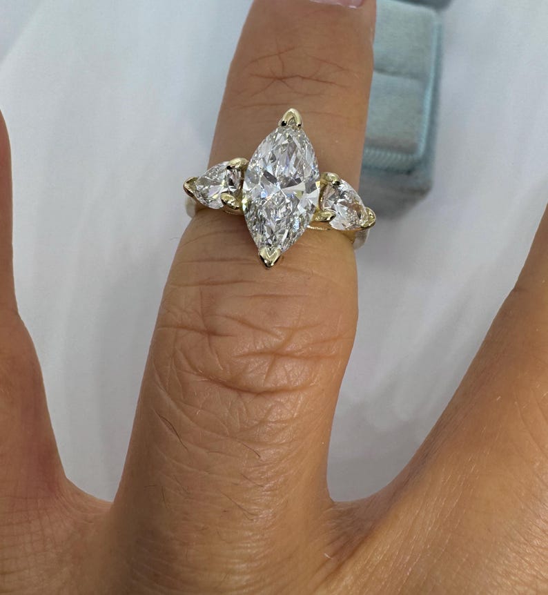 Marquise Lab Grown Diamond, Lab Grown Marquise Diamond Engagement Ring, Marquise Three Stone Ring image 8