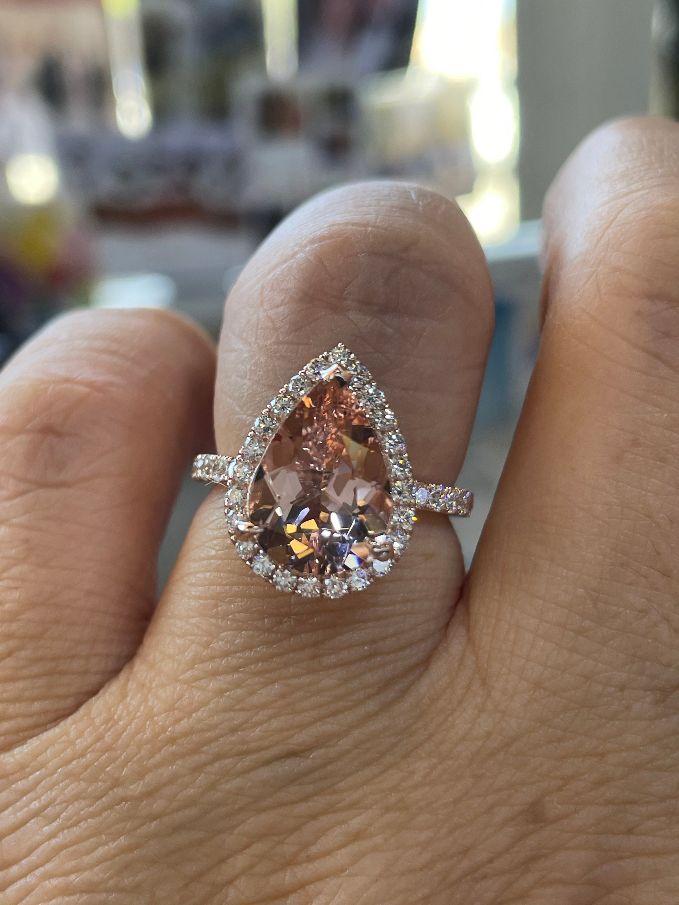 Pear Morganite Diamond Halo Engagement Ring, 14K Rose Gold Wedding Ring ...