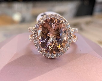 14K Genuine Morganite Diamond Engagement Ring, Oval Halo Morganite Engagement Ring, Oval Morganite Diamond Ring Art Deco