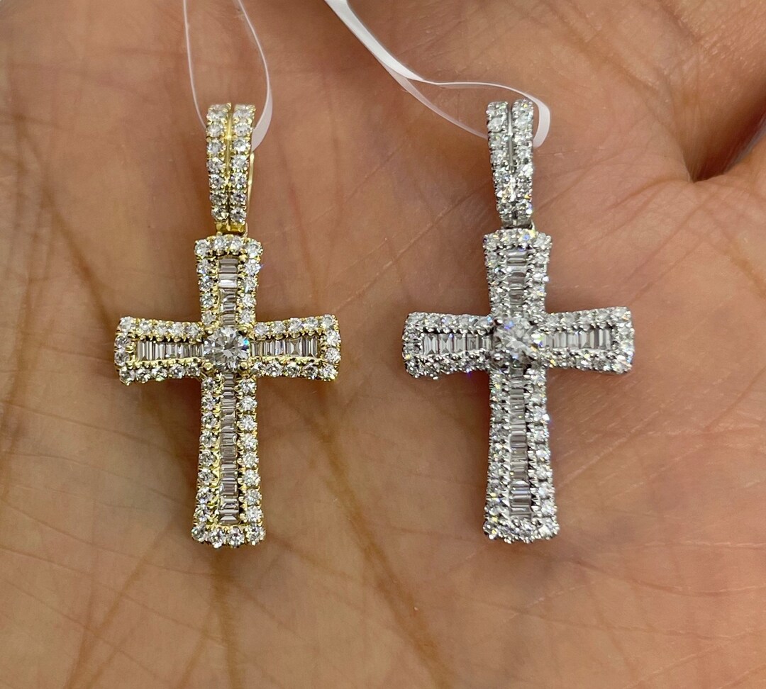 Diamond Cross Necklace, Baguette Diamond Cross 18K Gold, Diamond Cross