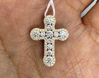Diamond Cross Necklace, Beautiful Diamond Cross 18K Gold, Round Brilliant Cut Diamond Cross Religious Charm Unisex