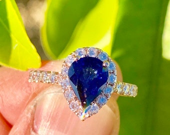 Pear Sapphire Engagement Ring, Blue Sapphire Diamond Halo, Art Deco Style