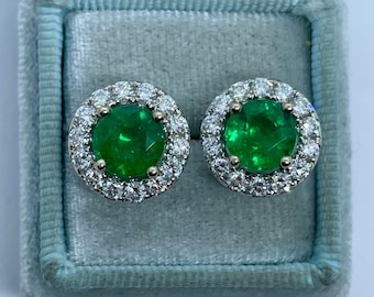Real Emerald Earrings, Emerald Diamond Halo Stud Earrings, 18K White Gold, 4.15 Carat