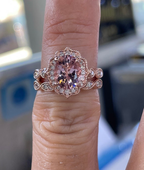 Peach-Pink Morganite Engagement & Wedding Ring Set 14k Rose Gold