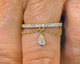 18K Yellow Gold Diamond Dangle Ring, Pear Drop, Stackable Band