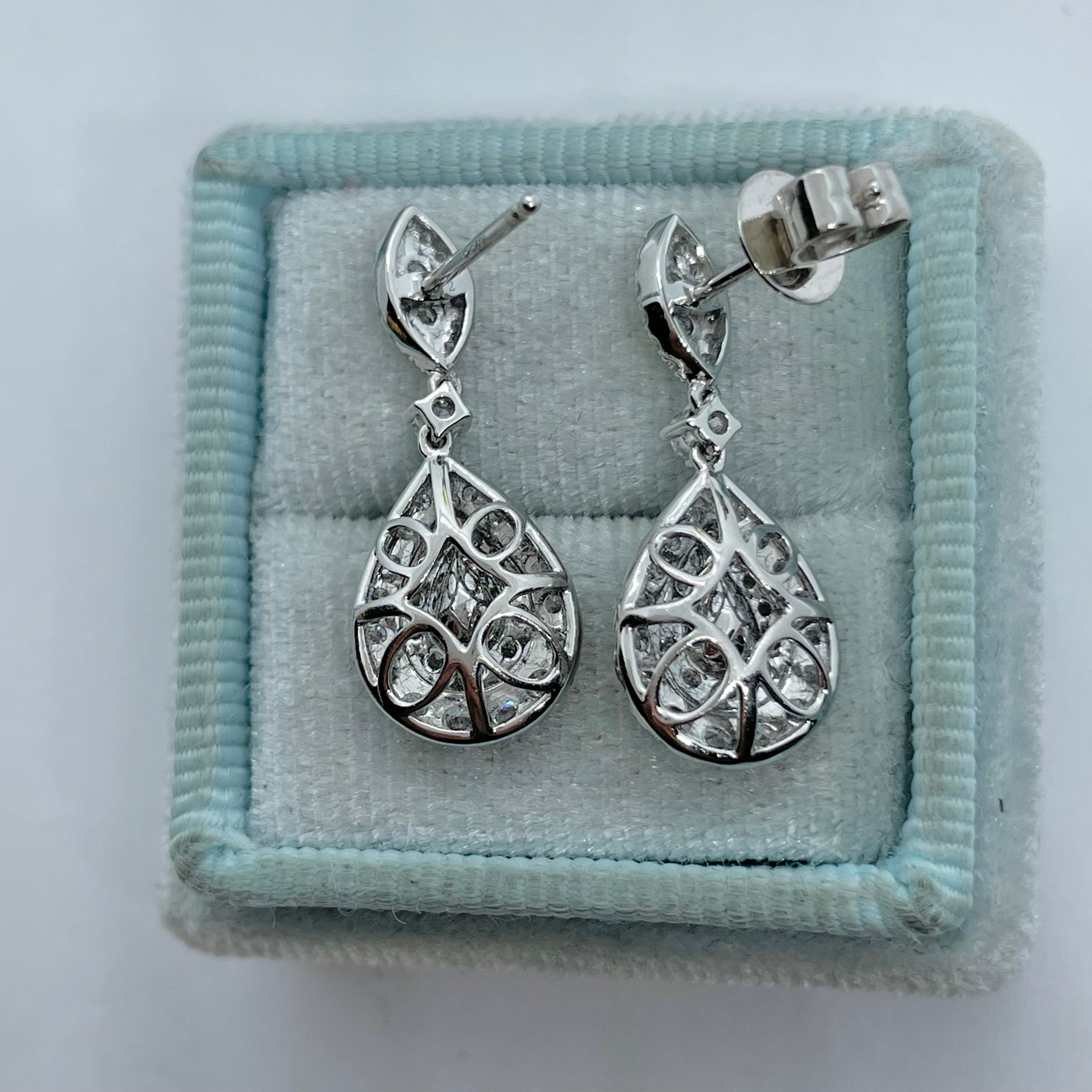 Gorgeous Pear Diamond Dangling Earrings, 18K White Gold Pear