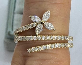 Diamond Spiral Ring, Diamond Bypass Ring, Diamond Wrap Band, 18K Yellow Gold Diamond Fashion Ring