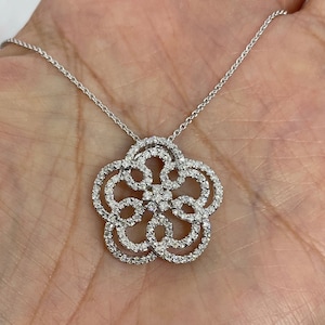 Flower Diamond Necklace, Diamond Flower Pendant, Diamond Anniversary Gift Birthday Gift, 14K White Gold Diamond Pendant