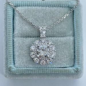 Round Diamond Necklace, 18K White Gold Diamond Solitaire Necklace, Halo Diamond Necklace, Round Diamond Pendant 1.84 Carats Fine Quality