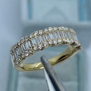 Baguette and Round Diamond Band, 18K Yellow Gold Diamond Baguette Band Ring, Baguette Round Diamonds Rings