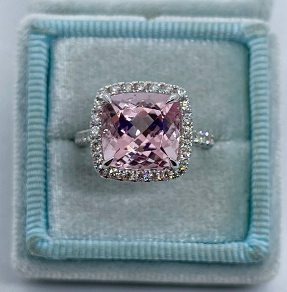 Pink Morganite Ring Cushion Cut Morganite Engagement Ring 14K White Gold Cushion Halo Morganite and Diamond Ring Etsy
