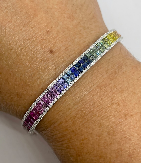 Rainbow Sapphire Tennis Bracelet, 18K White Gold Rainbow Sapphire Bracelet,  Ombré Sapphire Bracelet, Multicolor Bracelet 