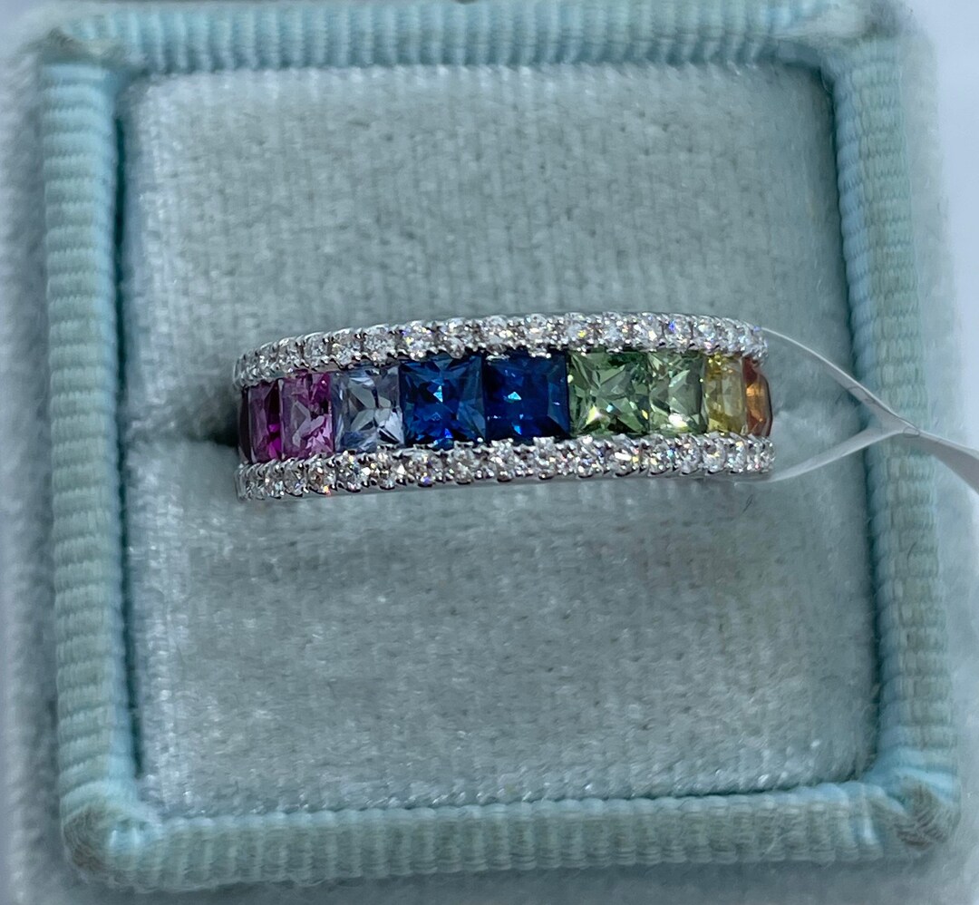Rainbow Sapphire Diamond Band, Rainbow Sapphire and Diamond Ring 18K ...