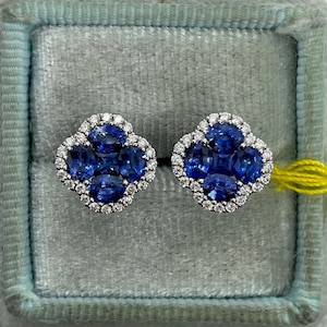 Sapphire Earrings, Sapphire and Diamond Earrings, Sapphire Stud Earrings, 18K White Gold Sapphire Earrings