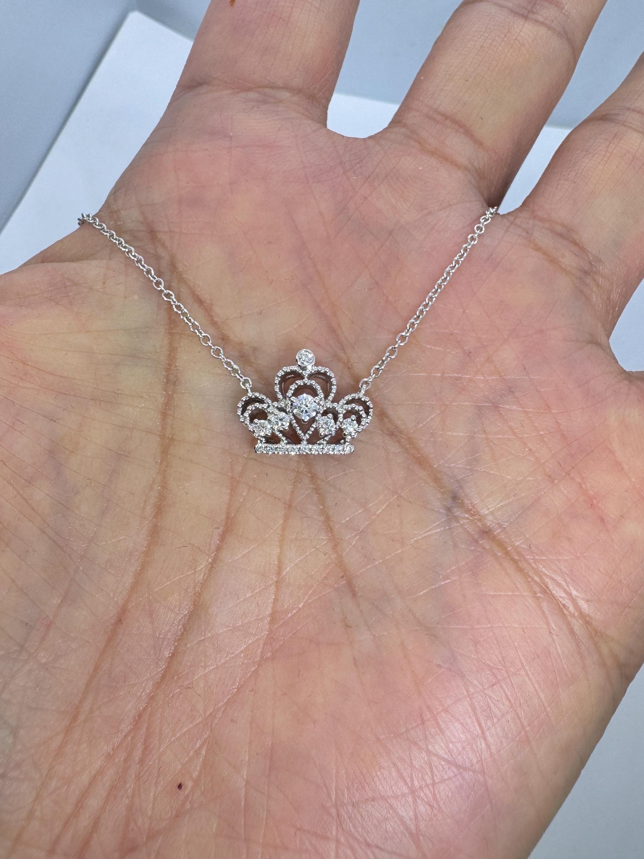 18K White Gold Diamond Crown Pendant Necklace, 0.22 Carats - Etsy