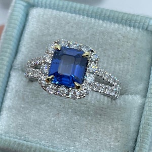 Blue Sapphire Ring, Natural Blue Sapphire And Diamond Engagement Ring, 18K White Gold Fine Quality Sapphire Ring Art Deco Antique GIA