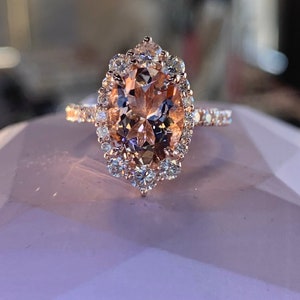Morganite and Diamond Engagement Ring, 10x8mm Oval Shape Morganite and Diamond Halo Wedding Ring 14K Rose Gold Art Deco Antique