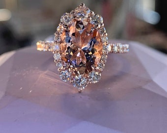 Oval Morganite Engagement Ring, Diamond Halo, 14K Rose Gold Art Deco