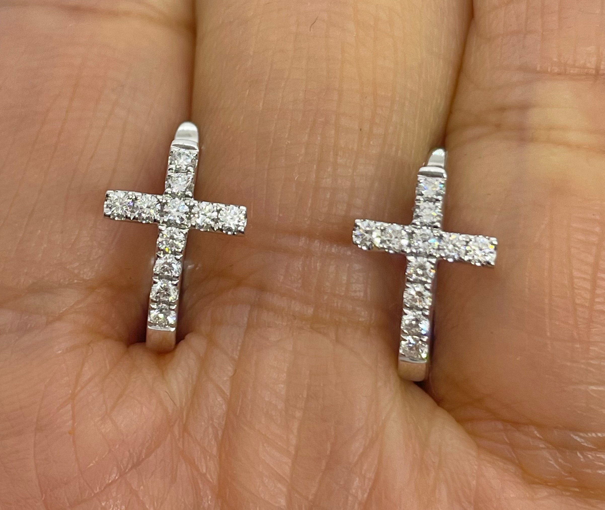 White Gold Diamond Cross Earring - Etsy