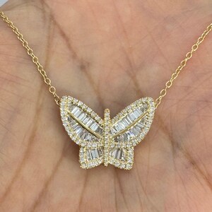 Diamond Butterfly Pendant, Butterfly Diamond Necklace, Baguette and Round Diamond Butterfly Necklace Gold 18K