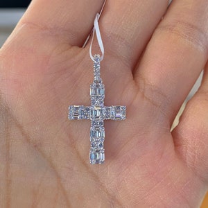 Baguette Cross Pendant, Diamond Cross Necklace, 18K White Gold Cross Diamond