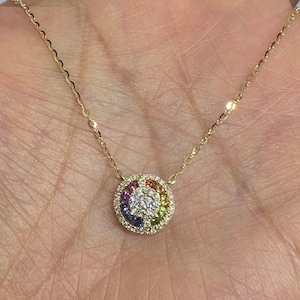 Dainty Rainbow Necklace, Sapphire Necklace, Dainty Rainbow Pendant 18K Yellow Gold