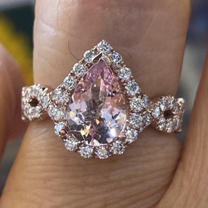Pear Morganite Rose Gold Ring, Pear Halo Engagement Ring, 14K Morganite and Diamond Wedding Ring
