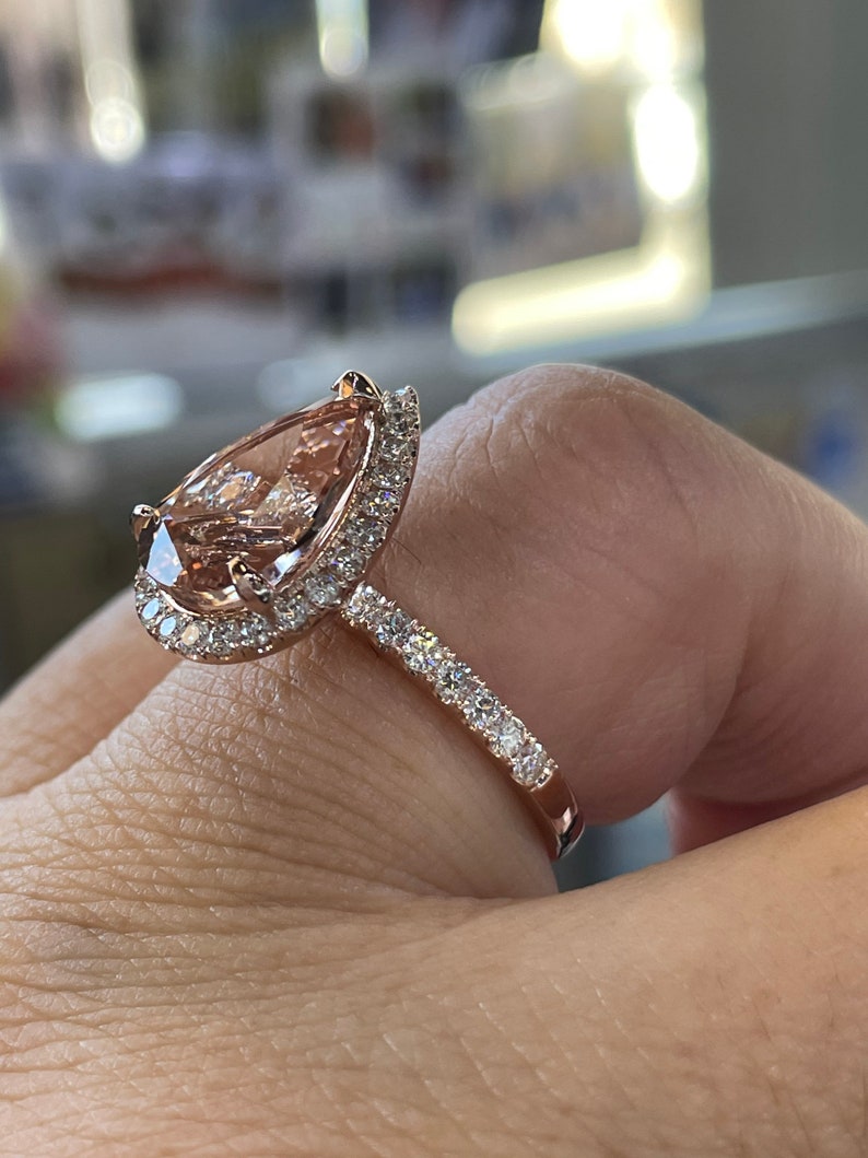 Pear Morganite Diamond Halo Engagement Ring, 14K Rose Gold Wedding Ring ...