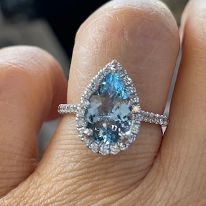 Pear Aquamarine Engagement Ring, Pear Aquamarine Ring, 14K White Gold Pear Halo Engagement Ring, Blue Aquamarine Ring