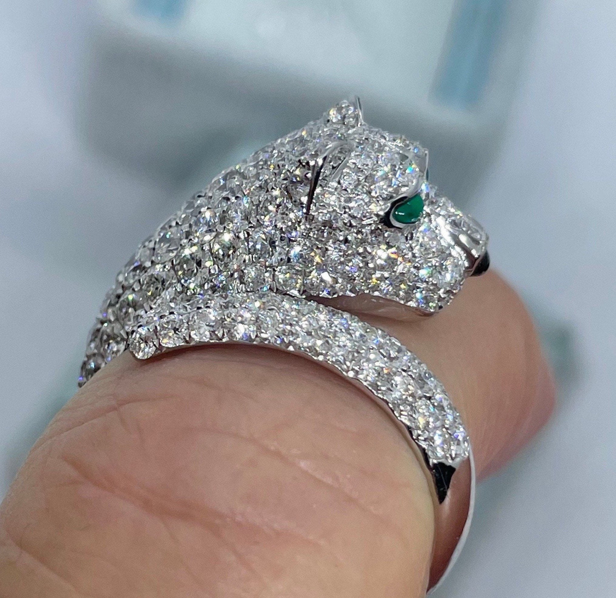 Diamond Panther Ring, Panther Diamond Ring, 18K White Gold Diamond