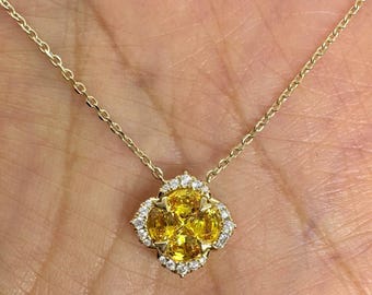 Flower Pendant, Yellow Sapphire Pendant, Yellow Sapphire and Diamond Necklace, Flower Necklace 14K Yellow Gold