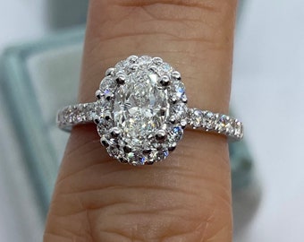 Oval Diamond Halo Ring, 18K White Gold, Anniversary Wedding Ring