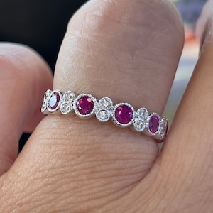 Pink Sapphire and Diamond Ring, Pink Sapphire Wedding Band, Bezel Set Pink Sapphire Band Ring White Gold, Stackable Ring Art Deco Antique