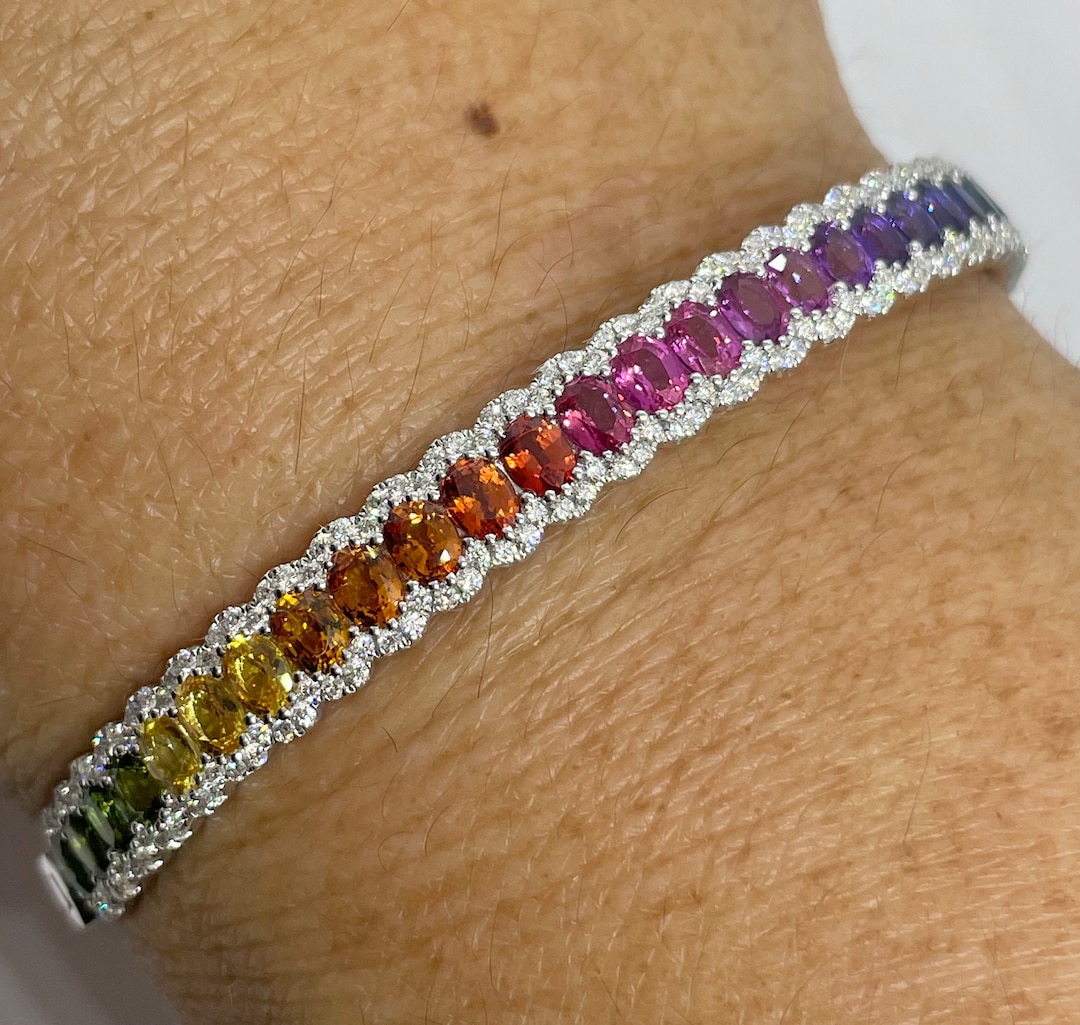 Rainbow Sapphire Bracelet Fancy Color Sapphire Bangle 18K White Gold Rainbow Bangle Rainbow Sapphire and Diamond Bracelet Ombre Etsy
