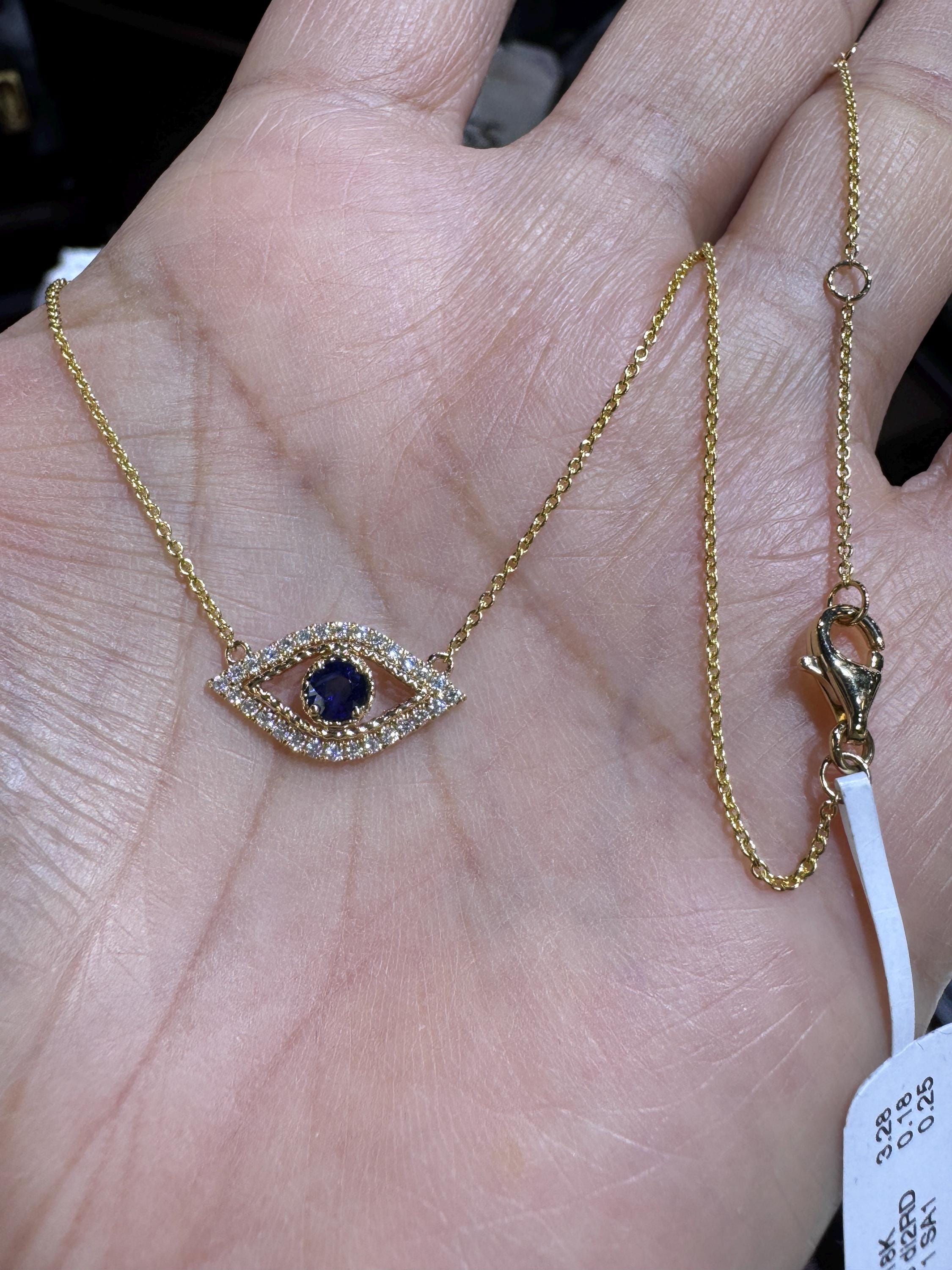 18K Gold Diamond Sapphire Evil Eye Pendant Necklace - Etsy