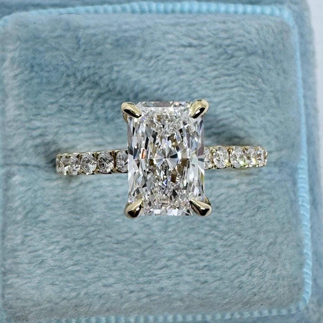 Radiant Cut Lab Grown Diamond Engagement Ring, 18K Yellow Gold Hidden ...