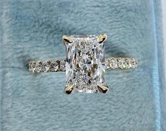 Radiant Cut Lab Grown Diamond Engagement Ring, 18K Yellow Gold Hidden Halo