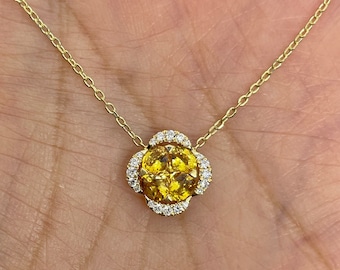 18K Yellow Gold Flower Pendant, Yellow Sapphire and Diamond Necklace