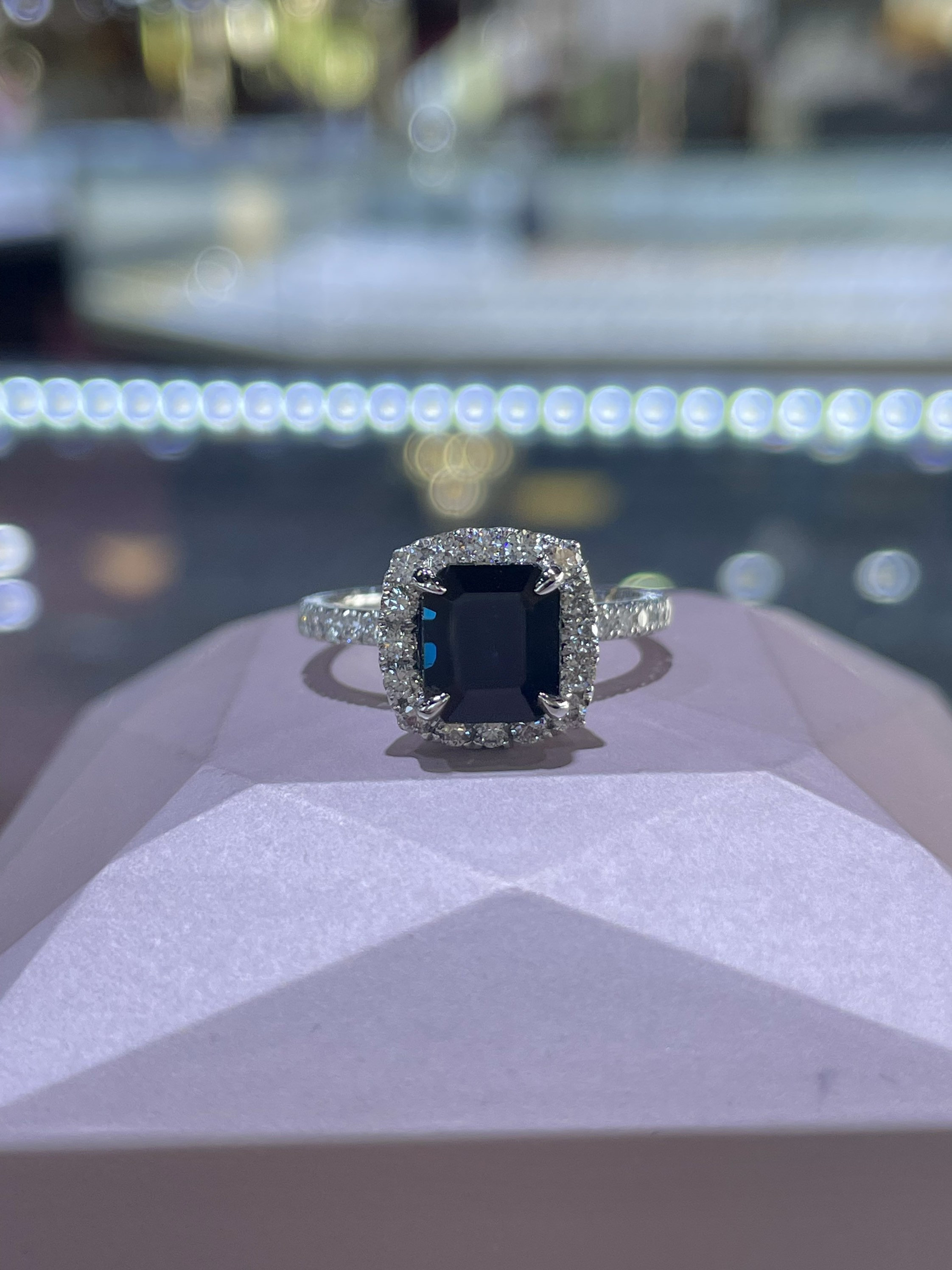 Sapphire Diamond Engagement Ring 18K White Gold Square Cut