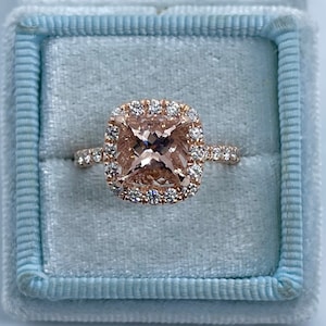 Cushion Cut Morganite Engagement Ring, 14K Rose Gold Morganite Ring 8x8mm Cushion Halo Diamond Wedding Ring